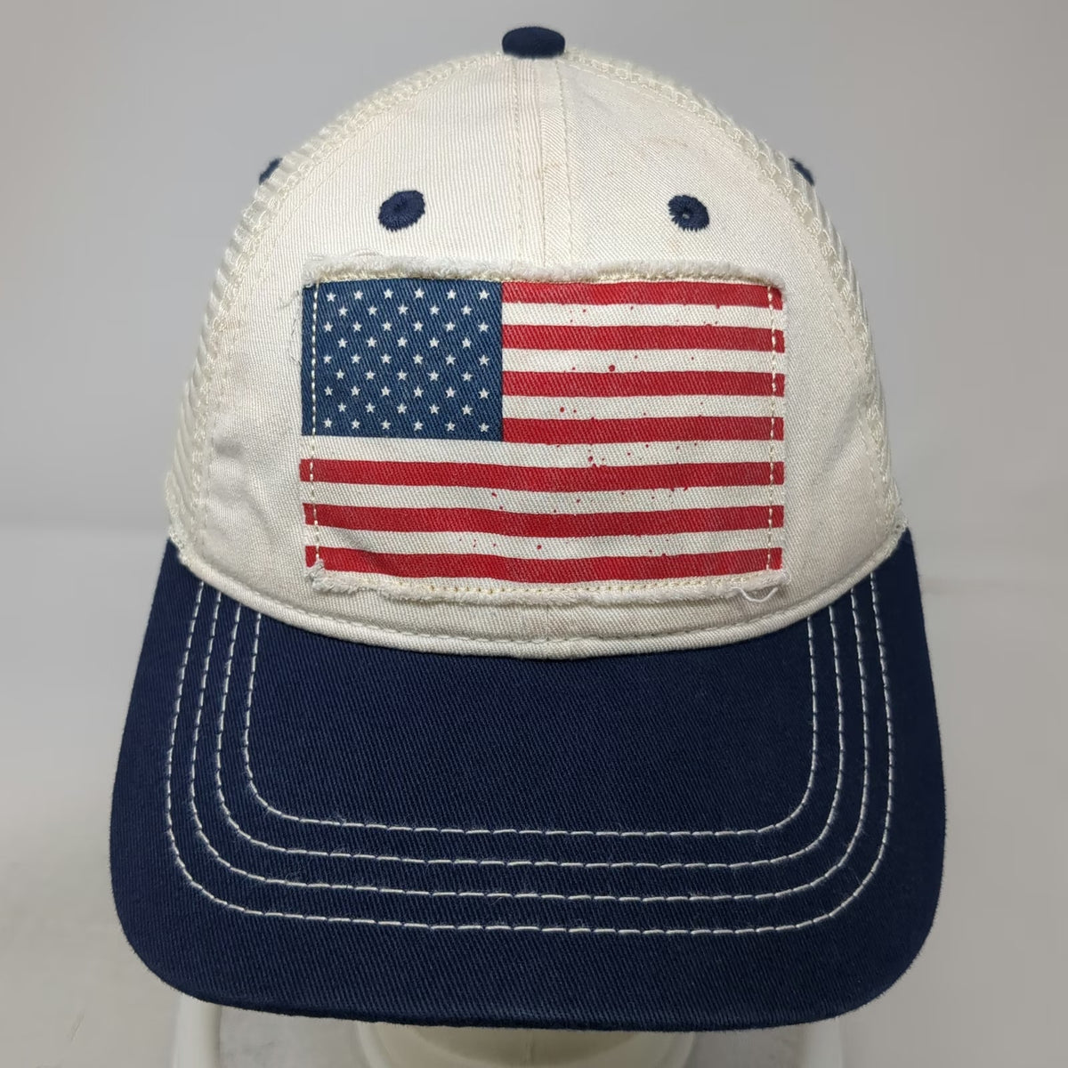 Baseball Cap White Blue Red One Size American Flag Patch Mesh Back Slideback Hat