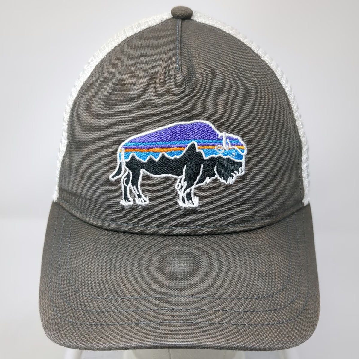 Patagonia Trucker Hat Gray One Size Bison Embroidered Mesh Snapback Hat Blue