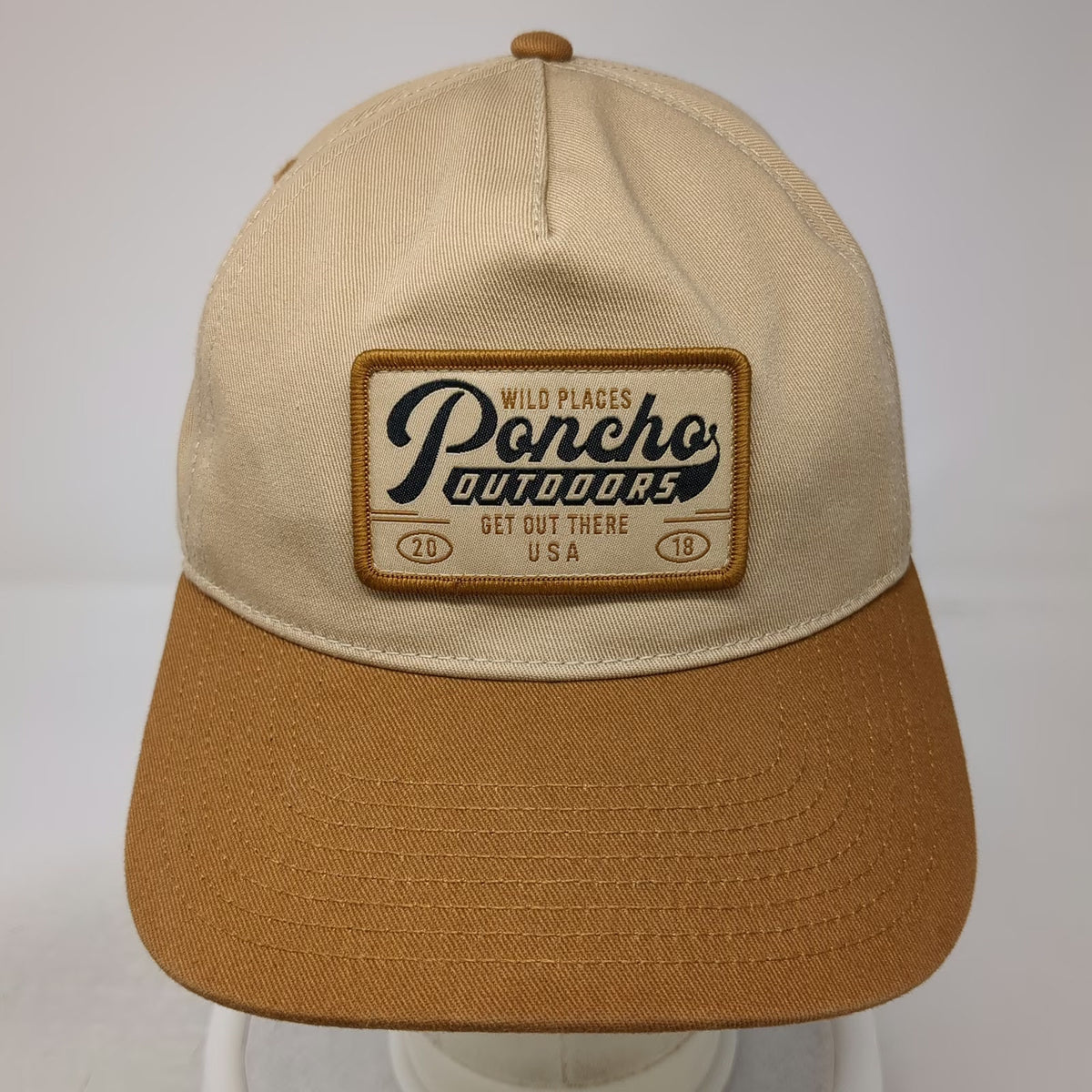 Poncho Outdoors 5 Panel Hat Beige One Size Snapback Brown Bill Cotton Patch