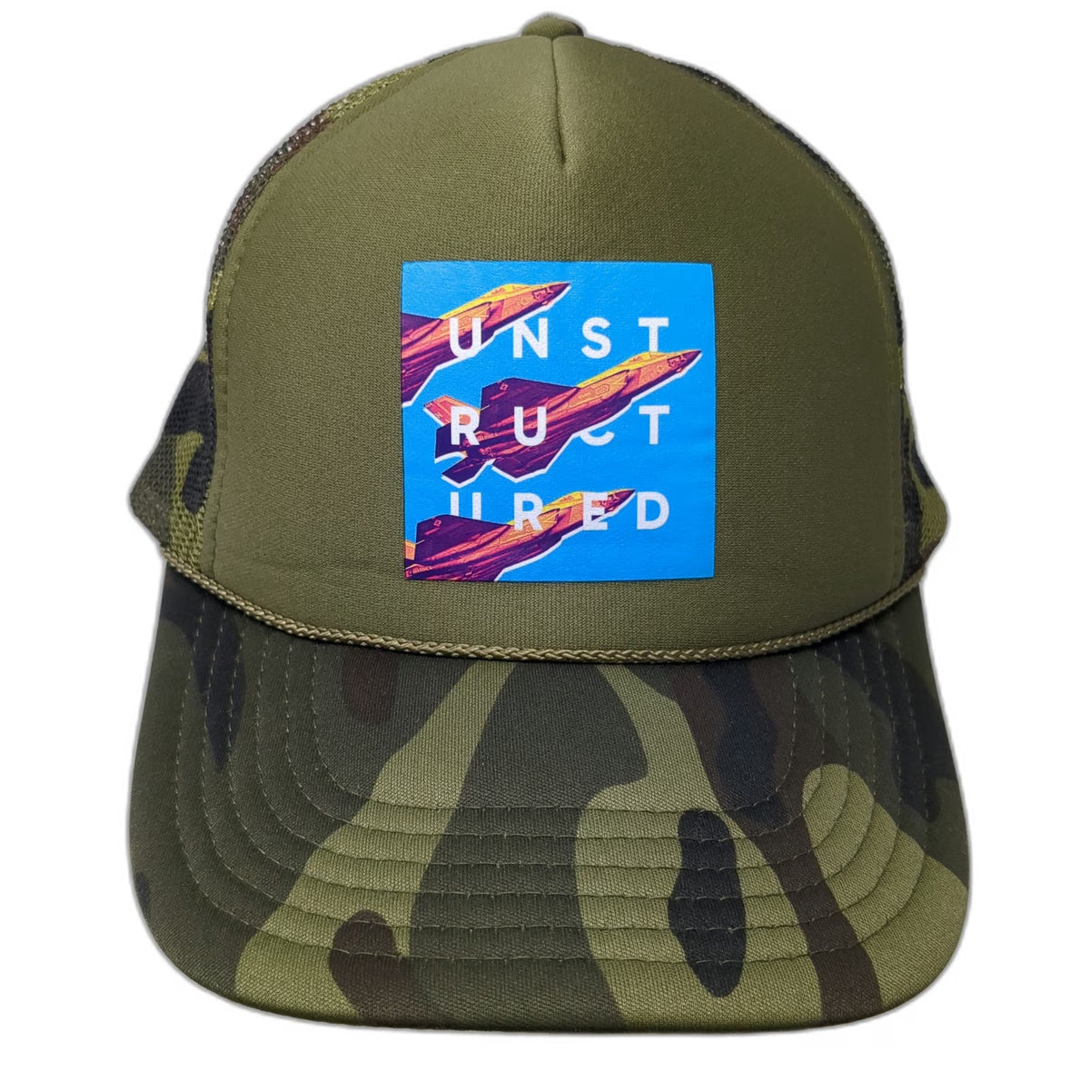 OTTO Trucker Hat Green One Size Camo Mesh Snapback Fighter Jet Graphic Rope