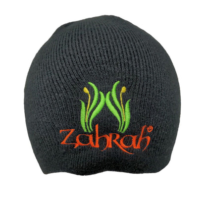 Zahrah Beanie Cap Black One Size Knitted Stretch Embroidered Acrylic
