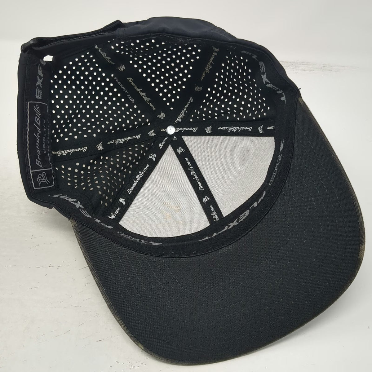 Branded Bills Baseball Cap Black Camo OSFM Hat Creek Patch Perforated Flexfit