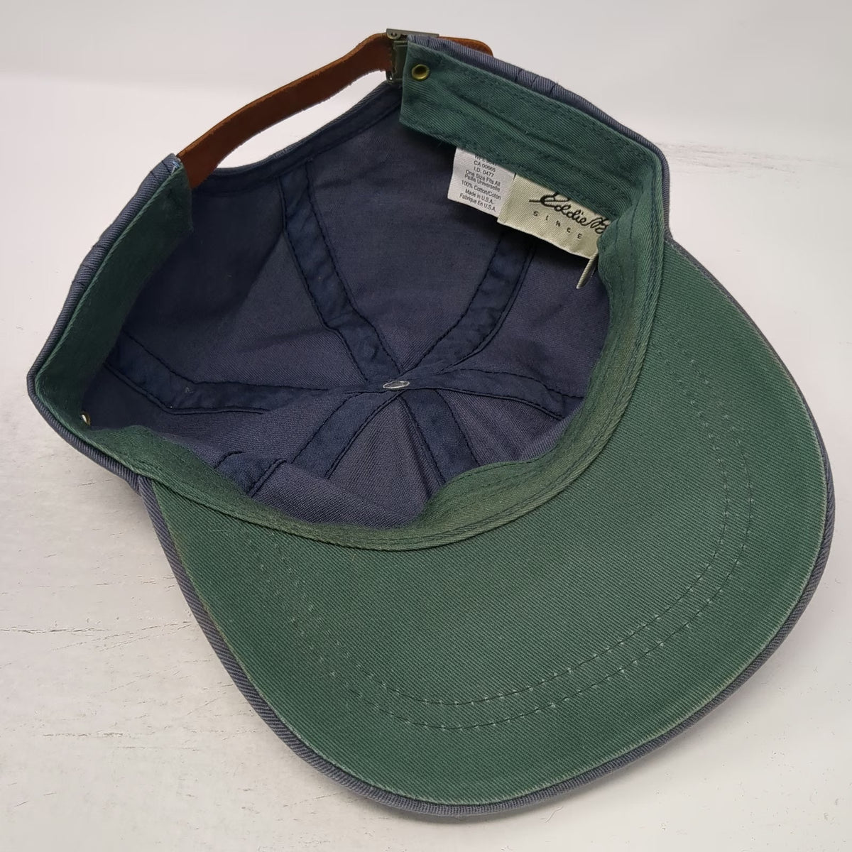 Eddie Bauer Blue Baseball Cap One Size Leather Strapback Made USA Hat Vintage