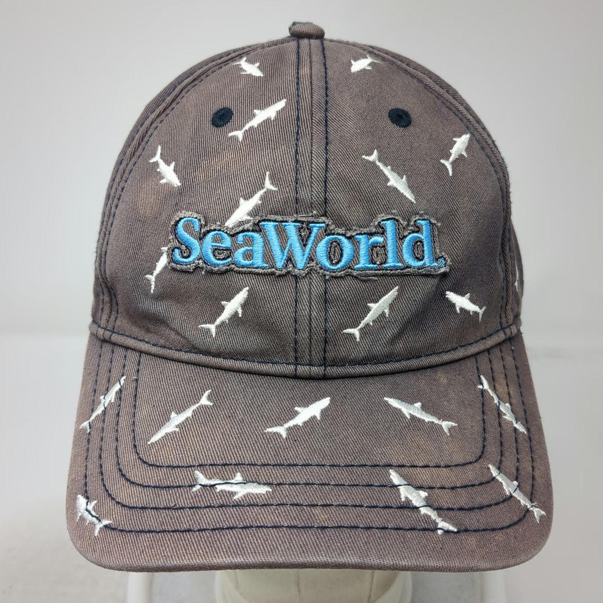 SeaWorld Baseball Cap Blue One Size Sharks Embroidered Cotton Slideback Hat