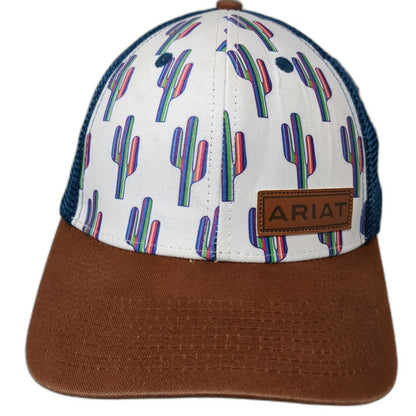 Ariat Trucker Hat Blue White Brown One Size Cactus Print Mesh Leather Patch