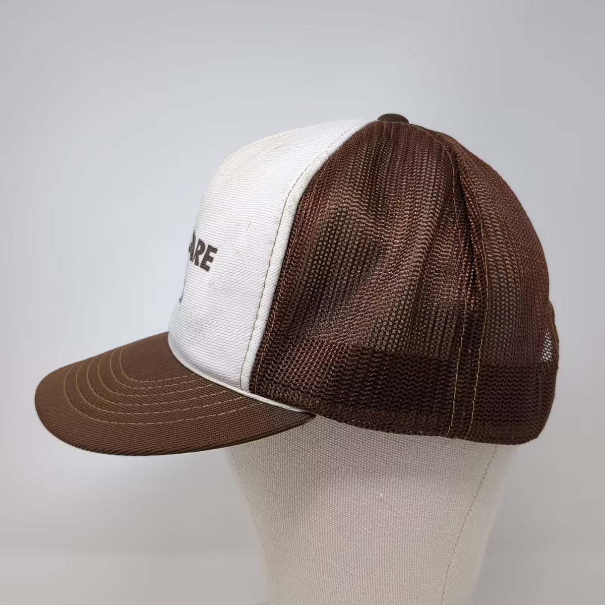 Young An 4 Square Builders Logo Mesh Back Trucker Hat Brown White OSFM Snapback