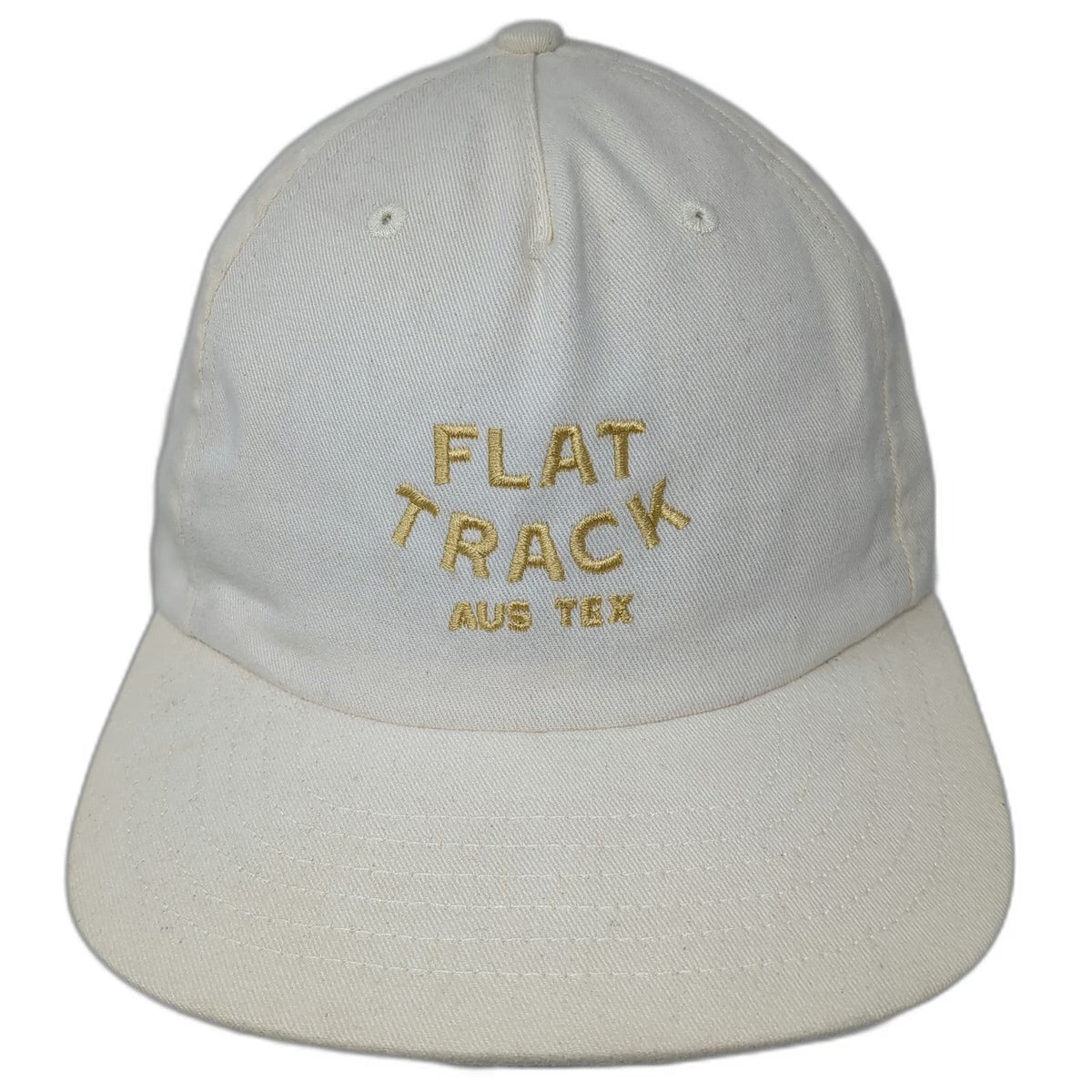 Flat Track Aus Tex 5 Panel Hat Beige One Size Gold Embroidery Made In USA Strap