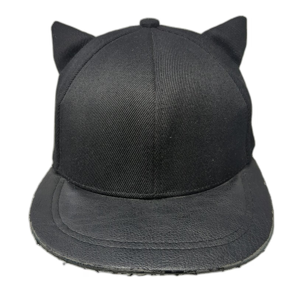 H&M Snapback Hat Black One Size Cat Ears Meow Embroidery Faux Leather Brim