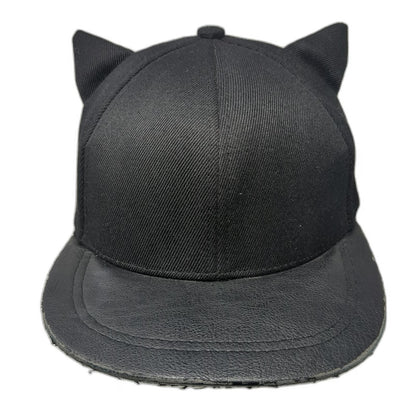 H&M Snapback Hat Black One Size Cat Ears Meow Embroidery Faux Leather Brim