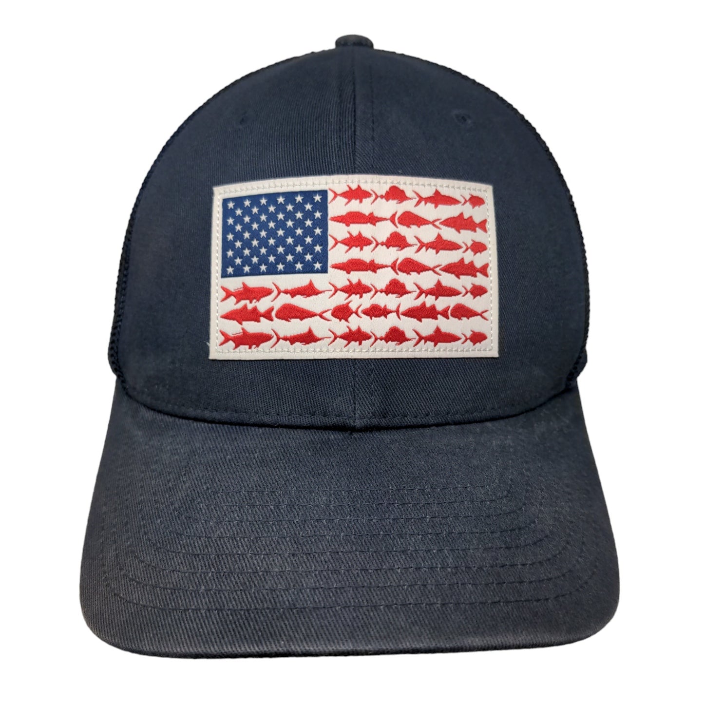 Columbia PFG Men's Fitted Hat Blue Size S/M Embroidered Fish Flag Patriotic