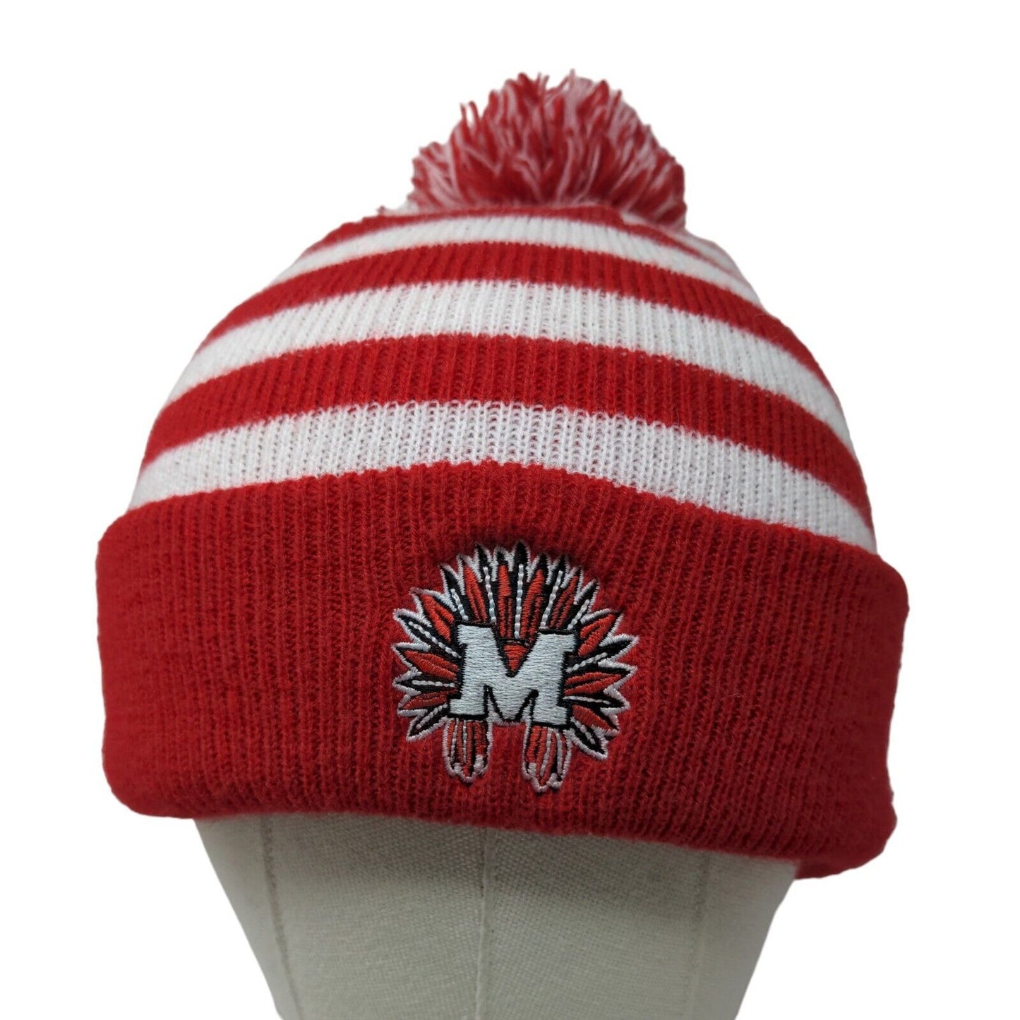 Unbranded Men's Knit Beanie Hat Red White Striped Embroidered M Indian Headdress