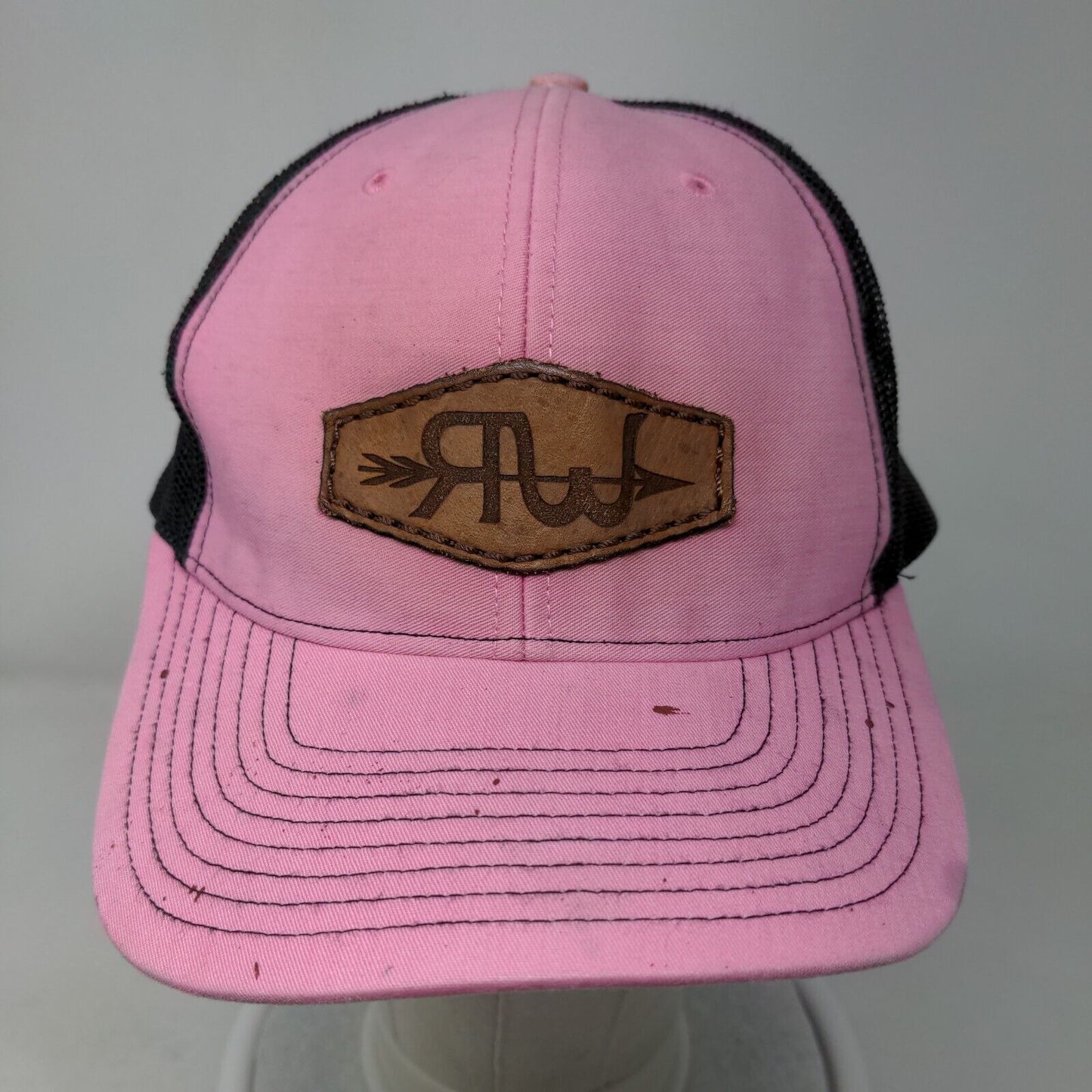 Richardson Leather Patch Snapback Mesh Back Trucker Hat Pink One Size