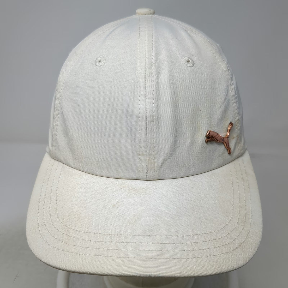 Puma Baseball Cap White One Size Gold Metallic Logo Slideback Polyester OSFA Hat