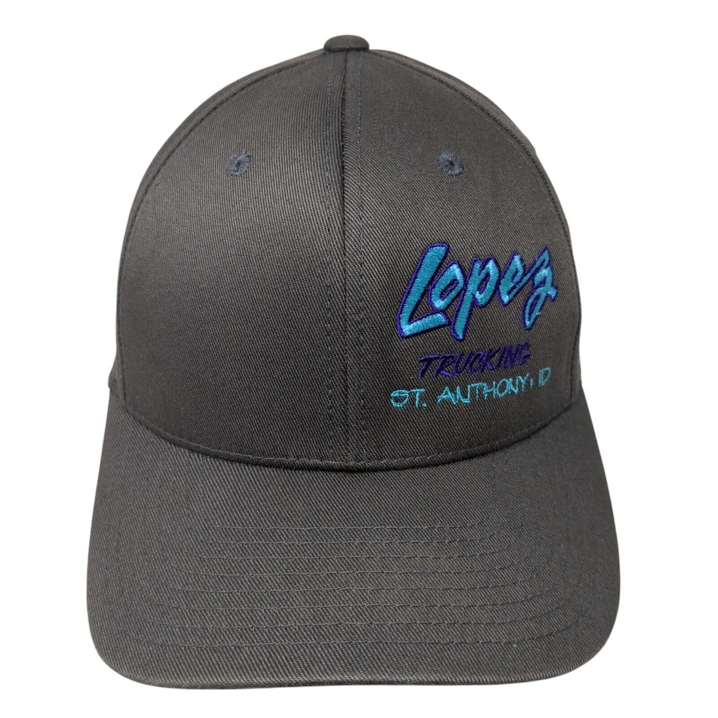 Lopez Trucking St. Anthony ID Fitted Hat Gray S/M Flexfit Embroidered