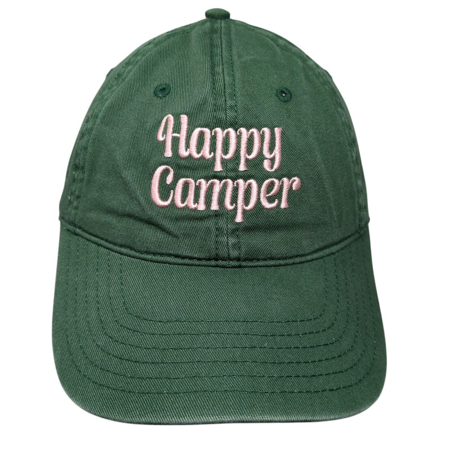 Happy Camper Slideback Hat Green OSFA Adjustable Embroidered Mighty Fine Cotton