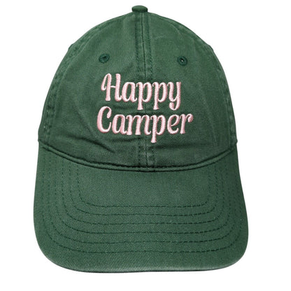 Happy Camper Slideback Hat Green OSFA Adjustable Embroidered Mighty Fine Cotton