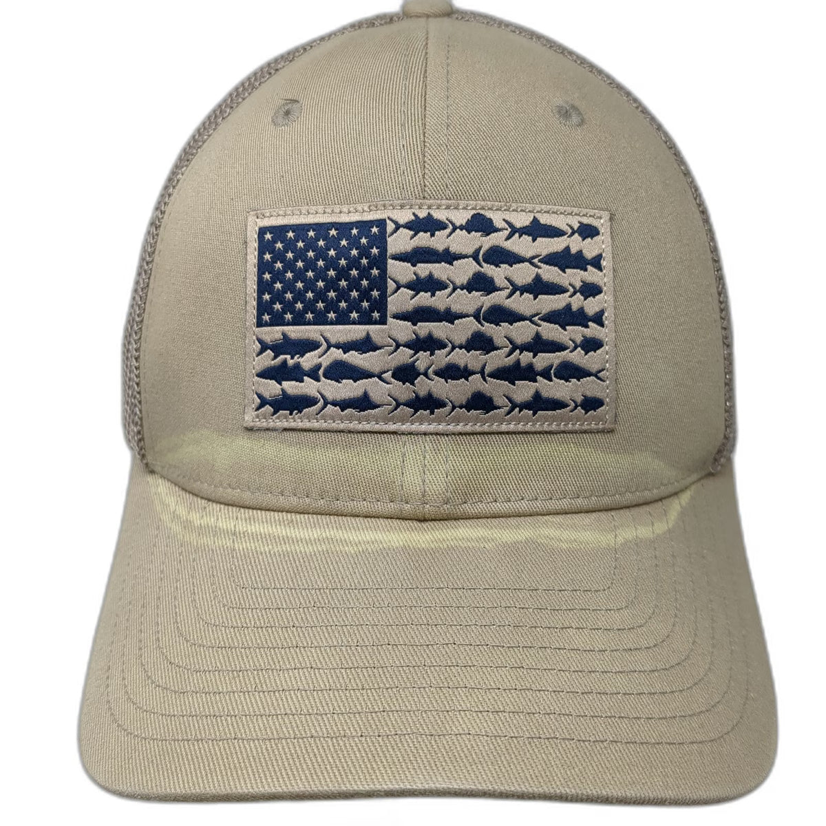 Columbia Baseball Cap Beige XL Mesh Back PFG Fish Flag Fishing Stretch Fit Hat