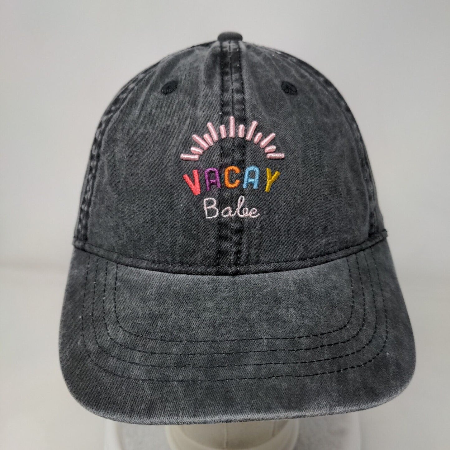 Vacay Babe Slideback Hat Black Gray OSFM Adjustable Embroidered Vented Holes