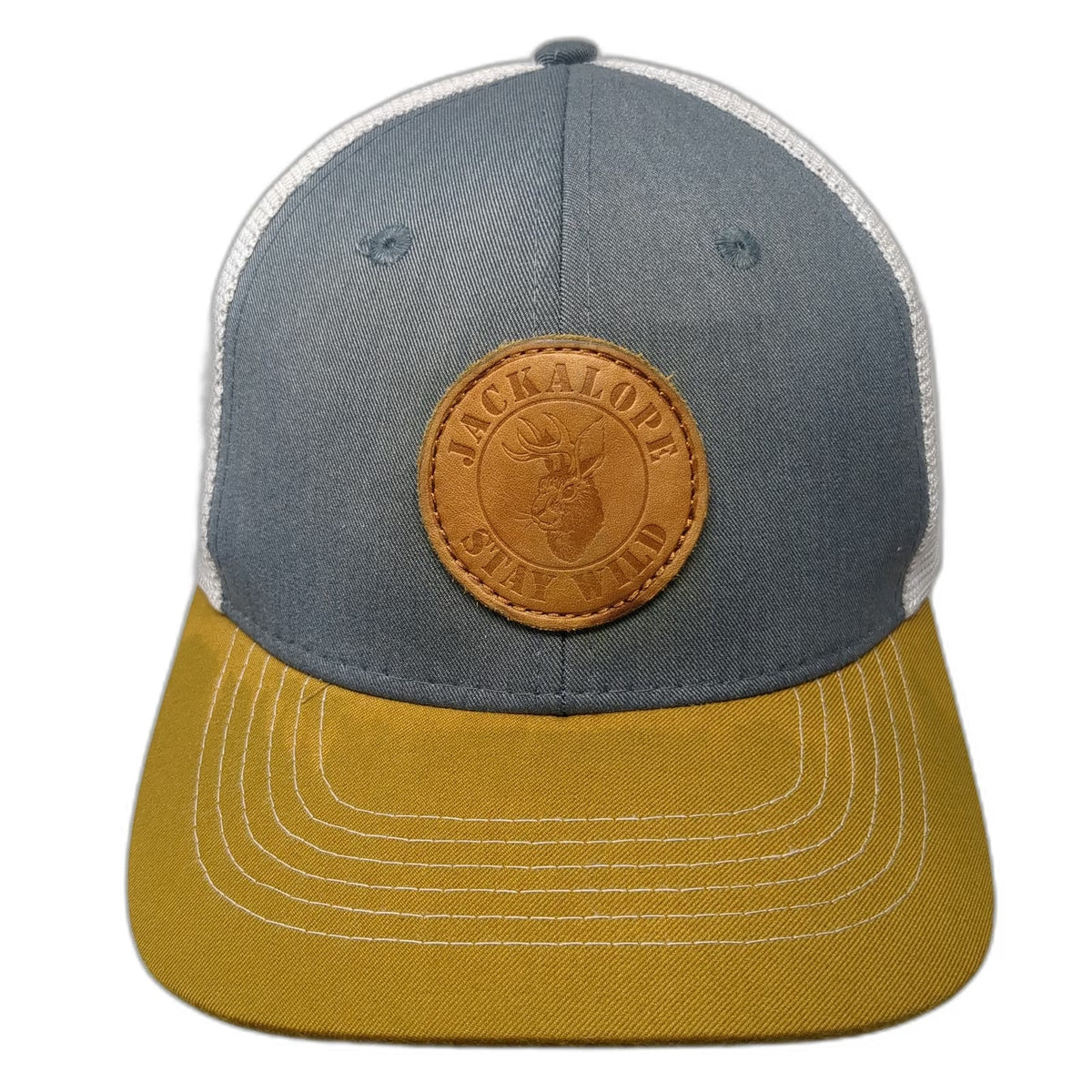 Arcadian Outfitters Trucker Hat Gray Gold White One Size Leather Patch Jackalope