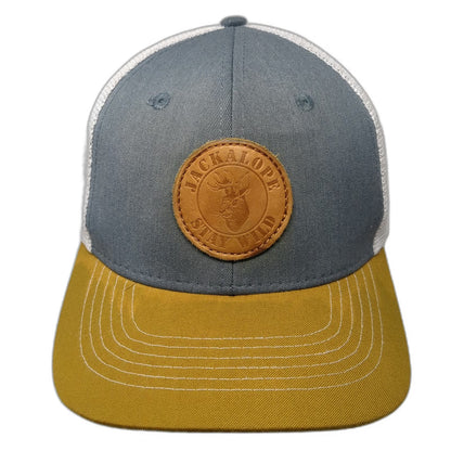 Arcadian Outfitters Trucker Hat Gray Gold White One Size Leather Patch Jackalope