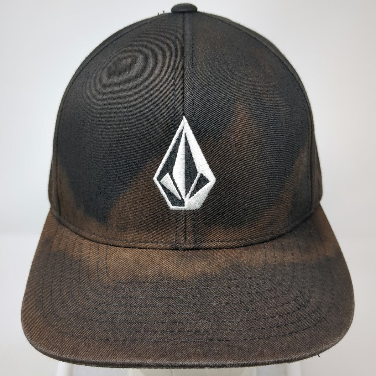 Volcom Snapback Black Brown One Size Stone Logo Bleach Wash Structured Hat Surf