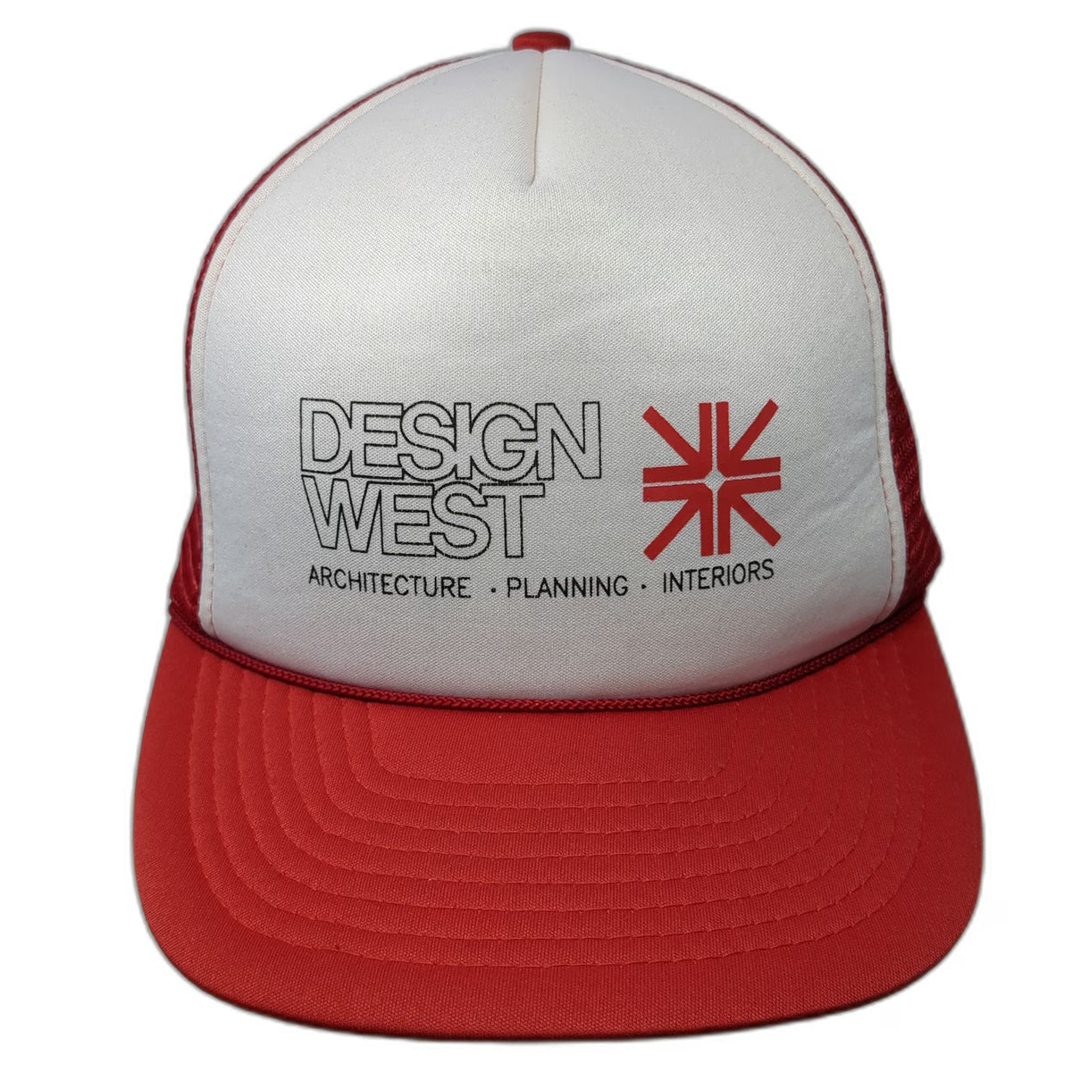 San Sun Design West Architecture Trucker Hat Red White One Size Mesh Snapback