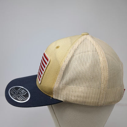 Kimes Ranch Trucker Hat Beige Blue American Flag Logo One Size Mesh Snapback