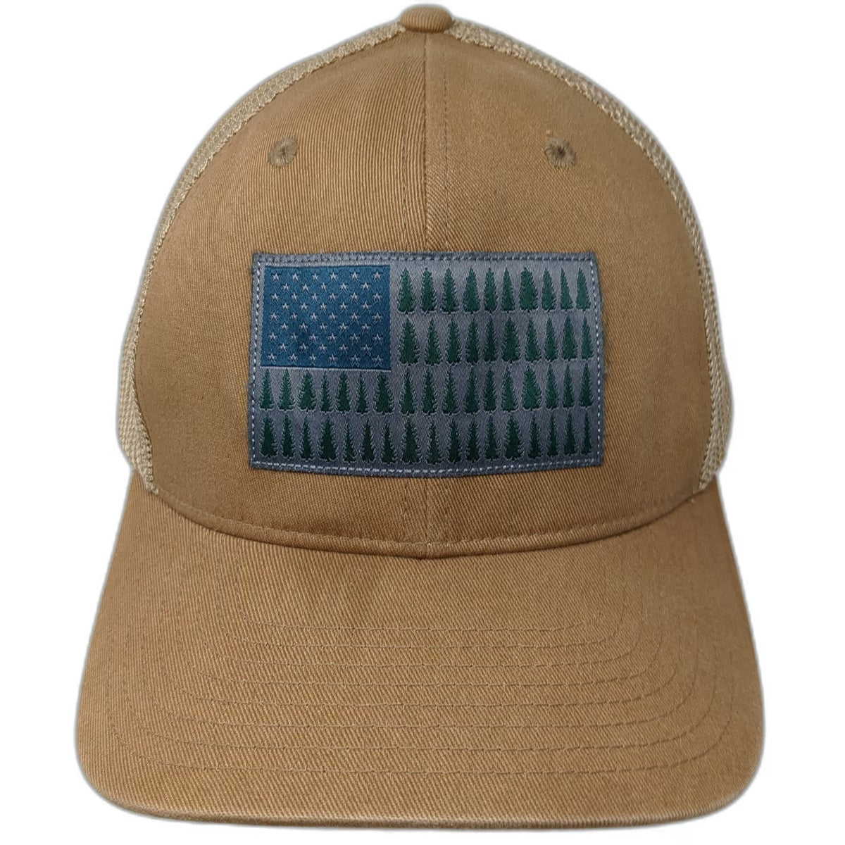 Columbia Baseball Cap Brown XL Mesh Stretch Fit Pine Tree American Flag Hat