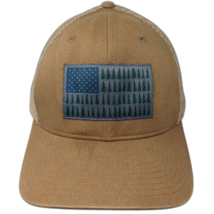 Columbia Baseball Cap Brown XL Mesh Stretch Fit Pine Tree American Flag Hat