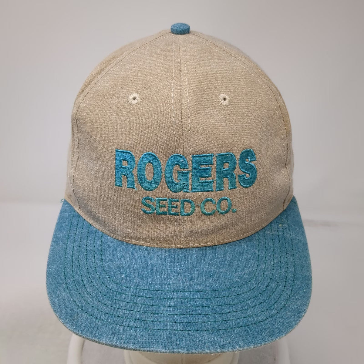 Rogers Seed Co Snapback Hat Beige Blue One Size Made in USA Canvas Denim Work