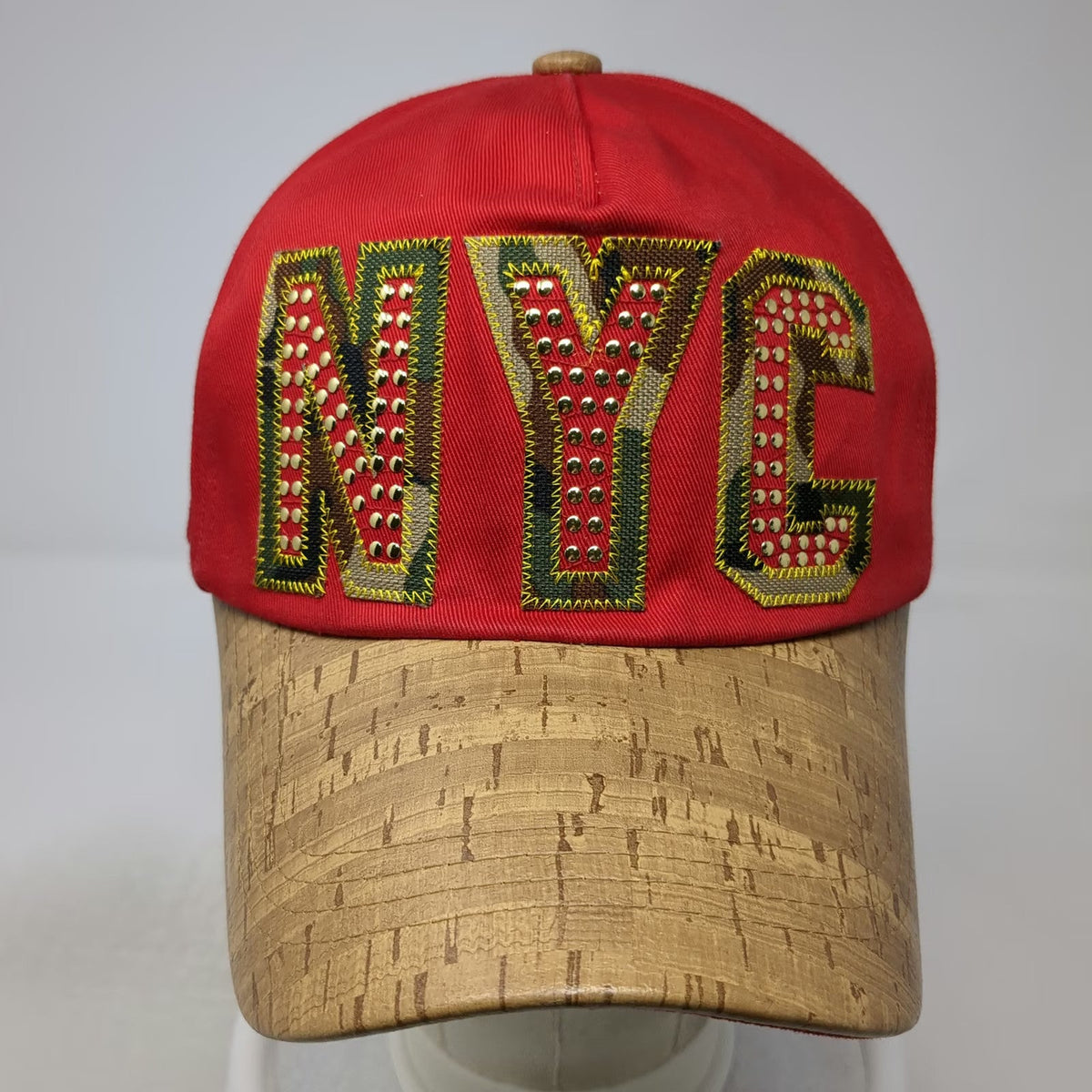TNC 5 Panel Red Beige One Size NYC Camo Studded Cork Brim Slideback Cotton Hat