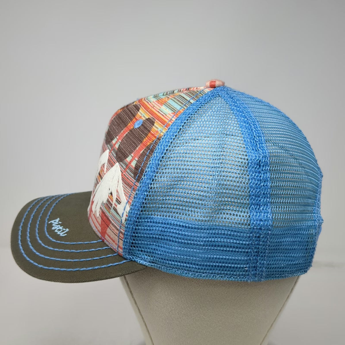 Pistil Trucker Hat Blue One Size Graphic Mountain Mesh Back Snapback Stripes