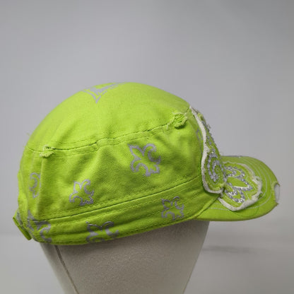 RainBow Army Cap Green One Size Fleur De Lis Rhinestone Distressed Strapback Hat