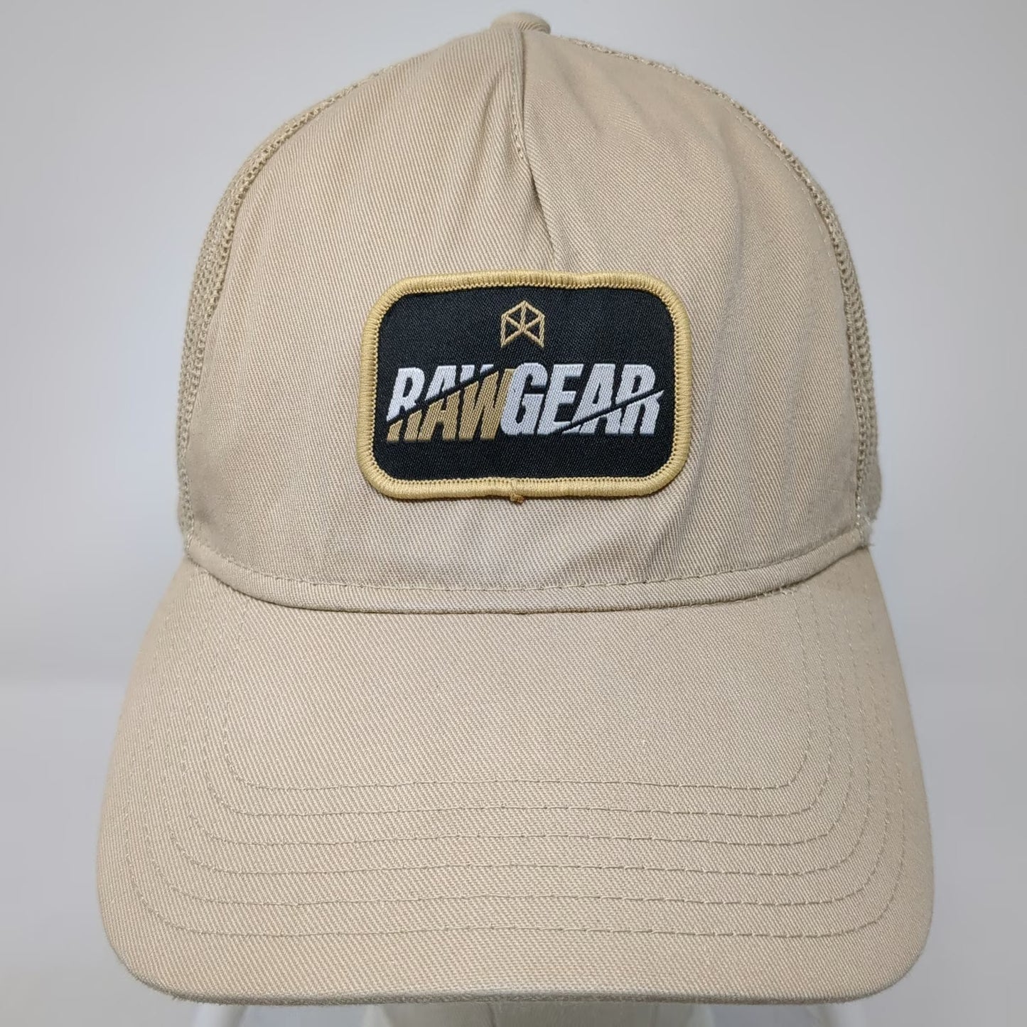 RawGear Trucker Hat Beige One Size Mesh Back Snapback Logo Patch Fitness Gym