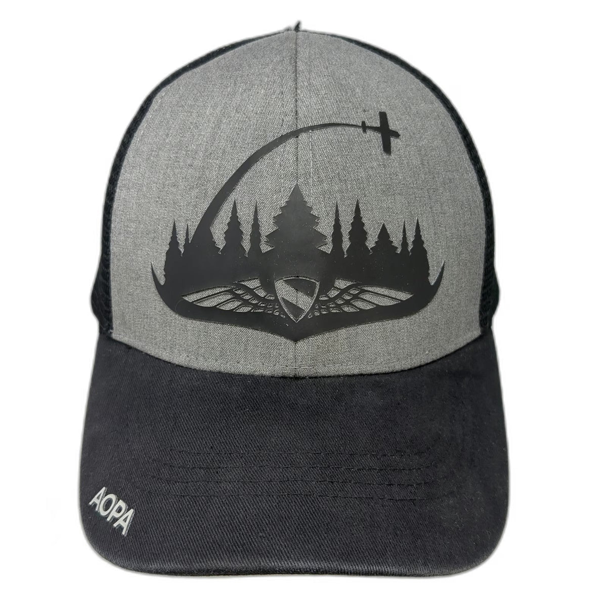 AOPA Trucker Hat Black Gray One Size Mesh Back Aviation Plane Pine Forest Logo