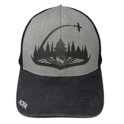 AOPA Trucker Hat Black Gray One Size Mesh Back Aviation Plane Pine Forest Logo
