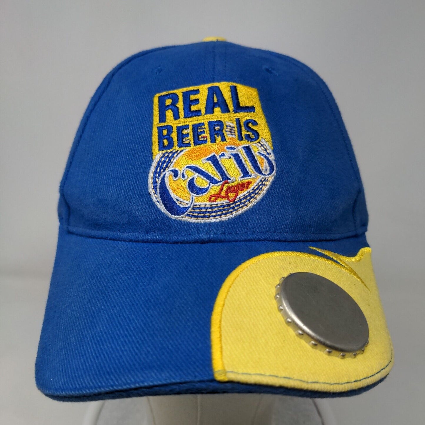 Real Beer Is Carib Lager Strapback Hat Blue One Size Embroidered Bottle Opener