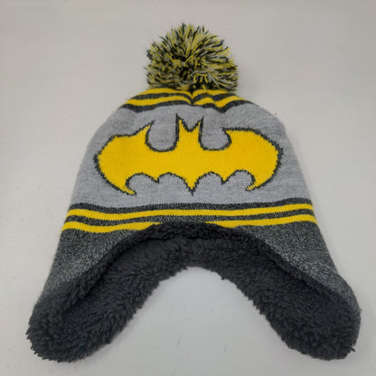 Batman Knit Pom Pom Beanie Hat Gray Toddler Striped Lined Ear Flap