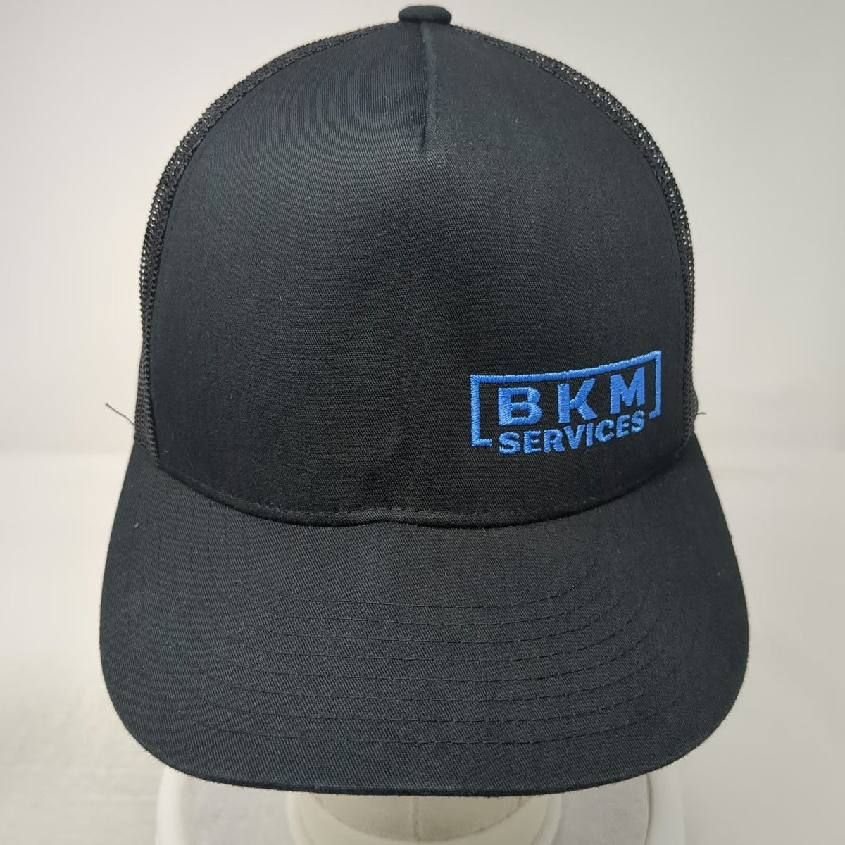 Yupoong Trucker Hat Black Blue One Size BKM Services Mesh Snapback Flat Brim