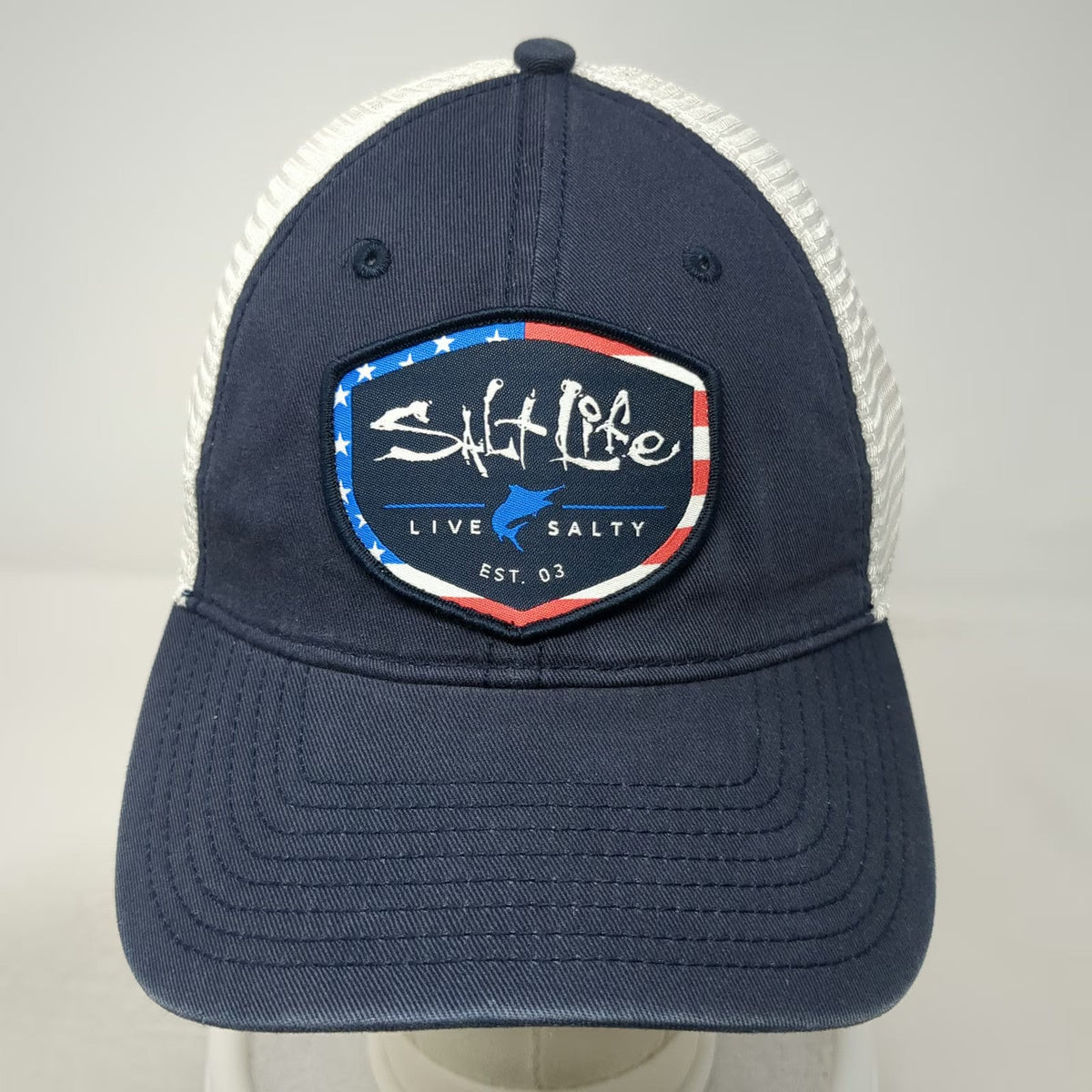Salt Life Trucker Hat Blue One Size American Flag Mesh Snapback Fish Logo Shield
