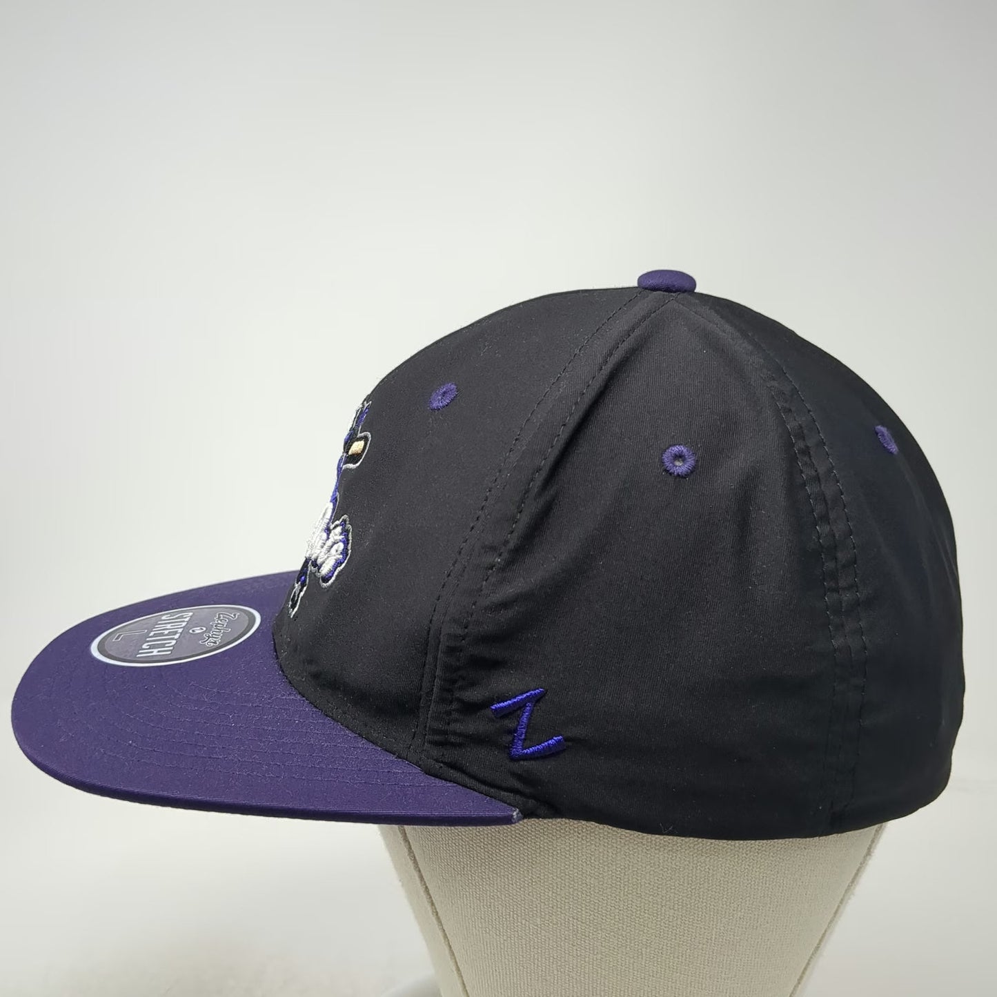 Zephyr Baseball Cap Black Purple L Keene Swamp Bats NECBL Stretch Fit Mascot Hat