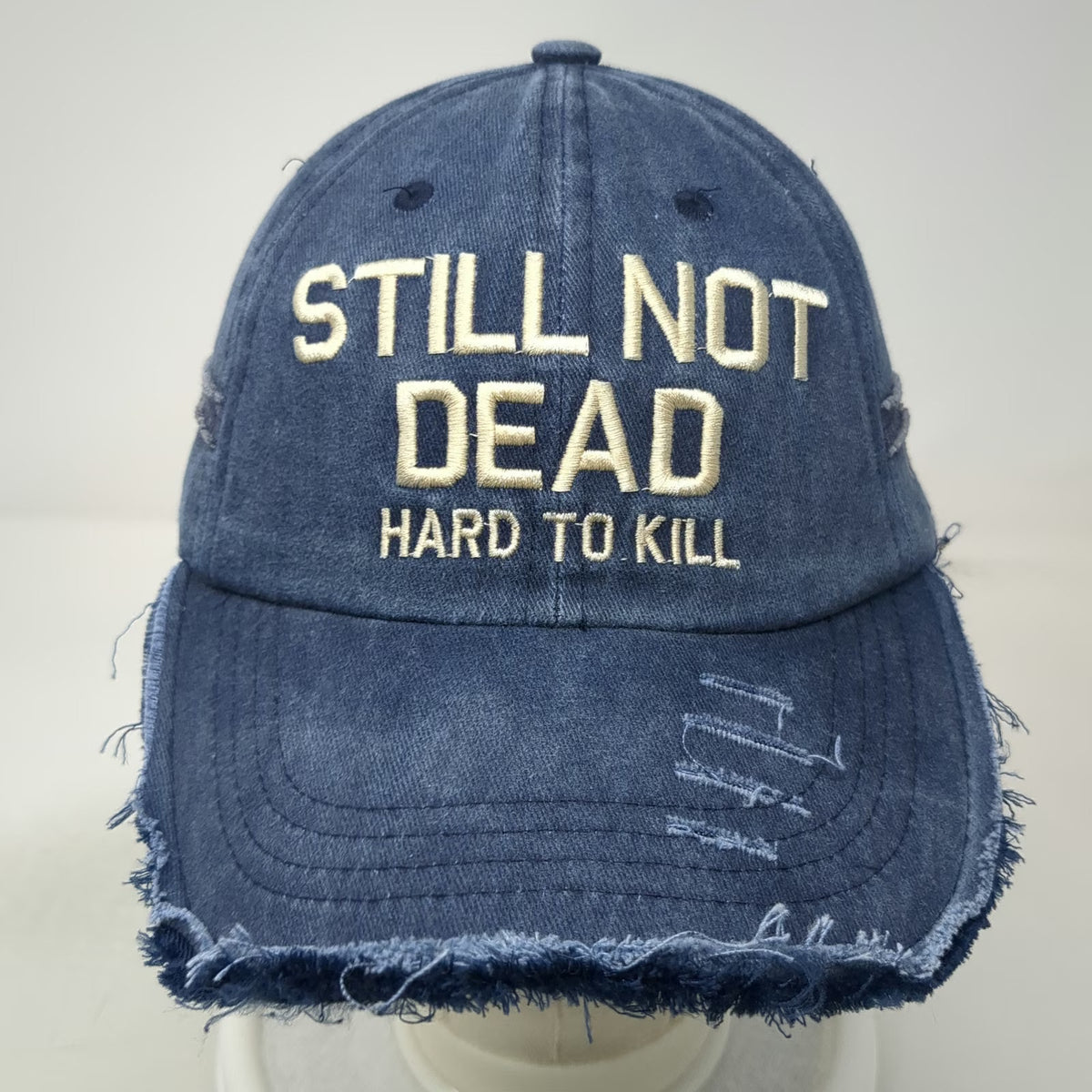 Baseball Cap Blue Beige OSFM Distressed Frayed Still Not Dead Hat Hard To Kill