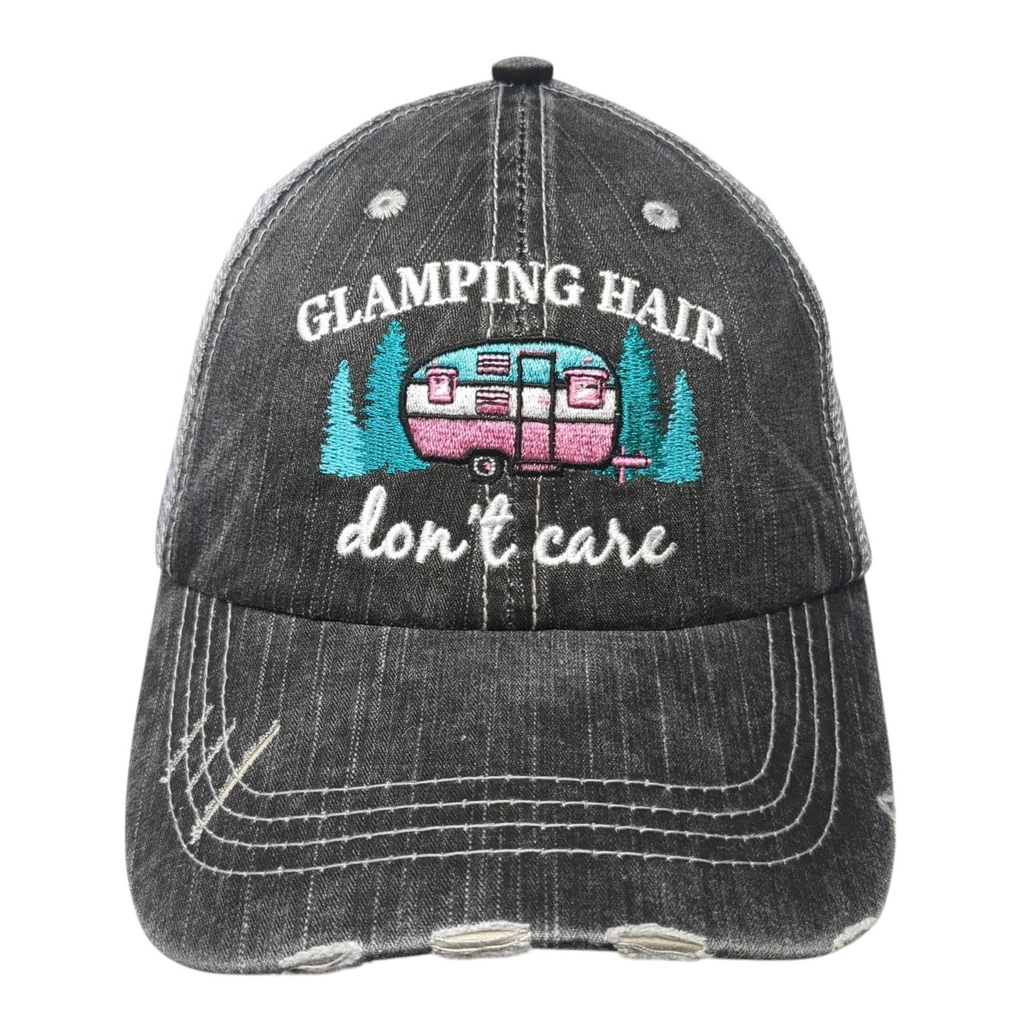Glamping Hair Don't Care Trucker Hat Gray One Size Adjustable Distressed Katydid