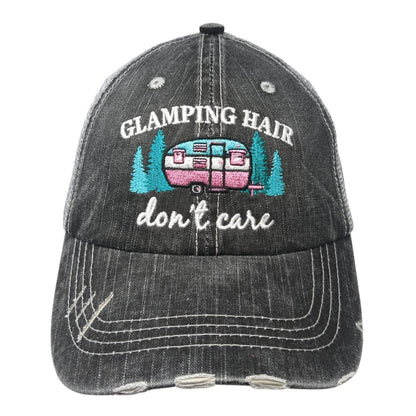 Glamping Hair Don't Care Trucker Hat Gray One Size Adjustable Distressed Katydid