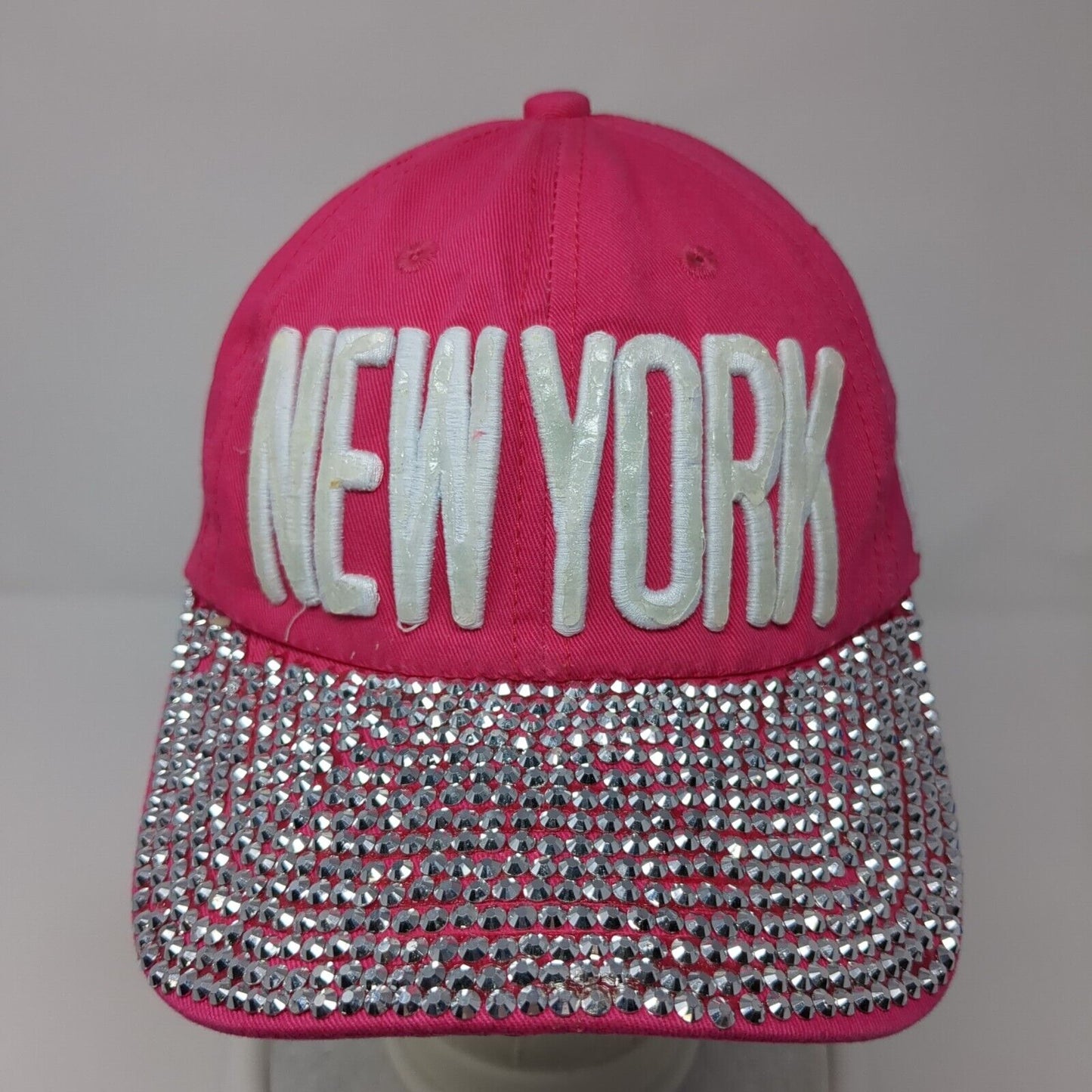 New York Slideback Hat Pink One Size Adjustable Studded Rhinestone Bling