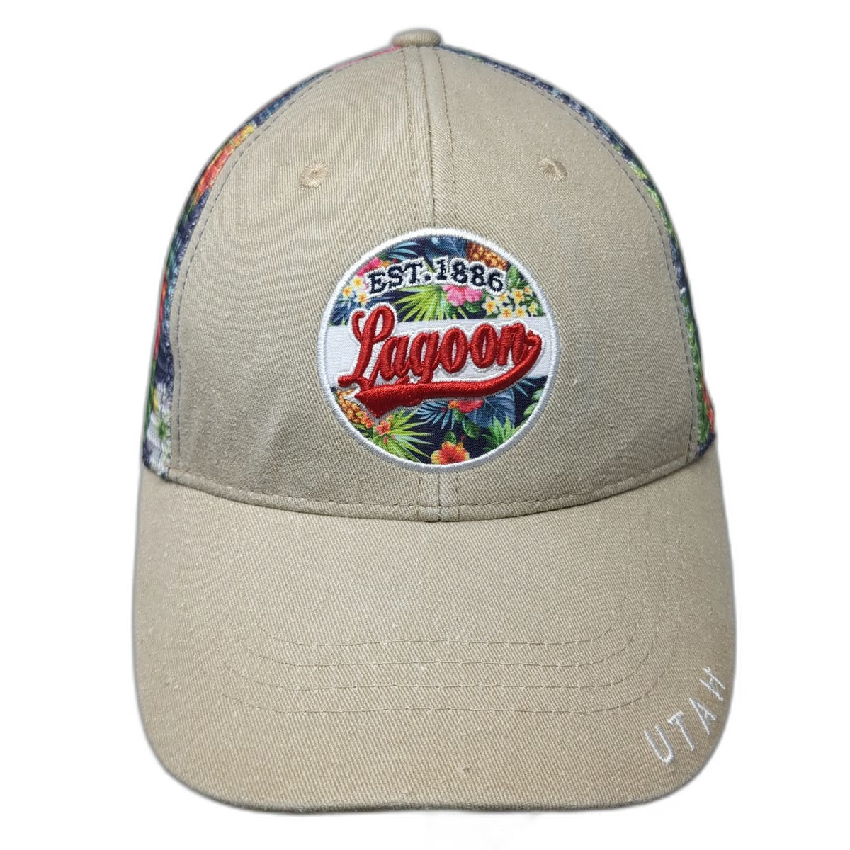 Lucky 7 Trucker Hat Beige One Size Lagoon Utah Floral Mesh Snapback EST 1886