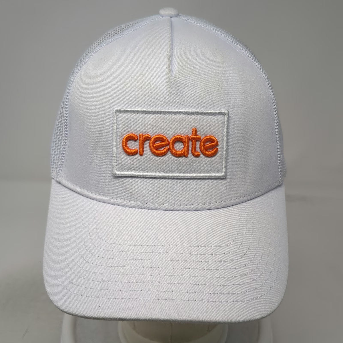 Create Trucker Hat White One Size Orange Embroidered Patch Mesh Back Snapback