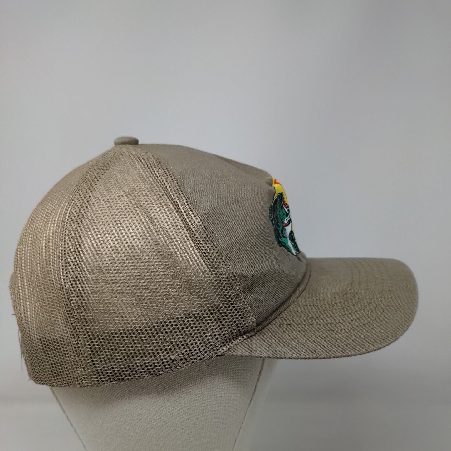 Bass Pro Shops Snapback Trucker Hat Tan OSFM Adjustable Mesh Back Gone Fishing