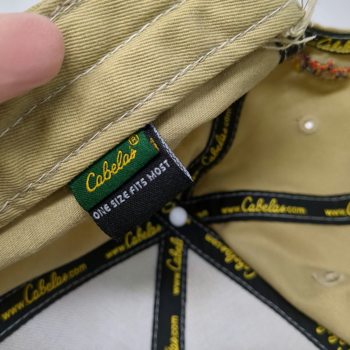 Cabela's Baseball Cap Beige One Size Contrast Stitching Slideback Hat Embroidery