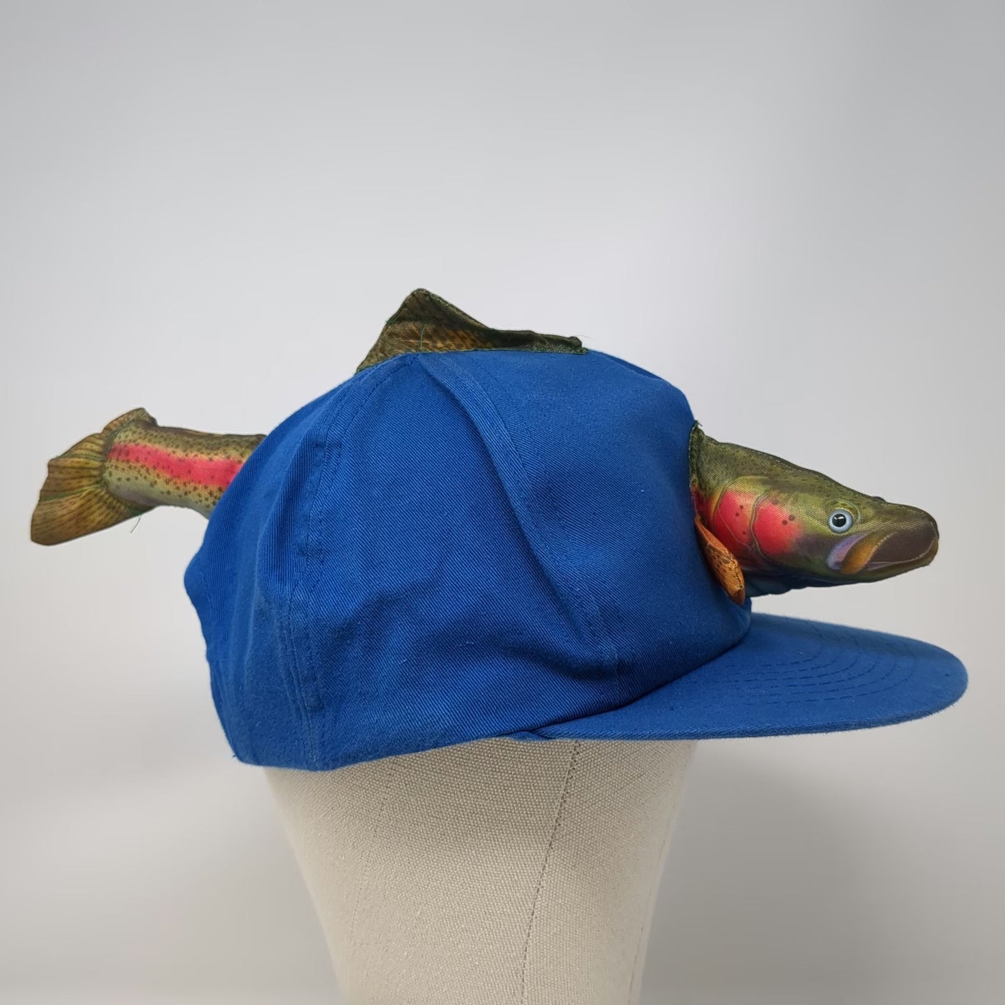 5 Panel Blue Hat One Size 3D Plush Rainbow Trout Novelty Fishing Snapback Cap